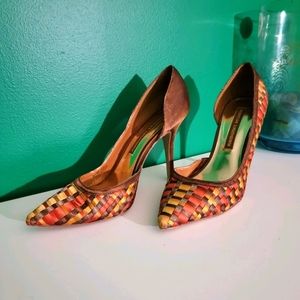 Basketweave orange d'orsay pumps